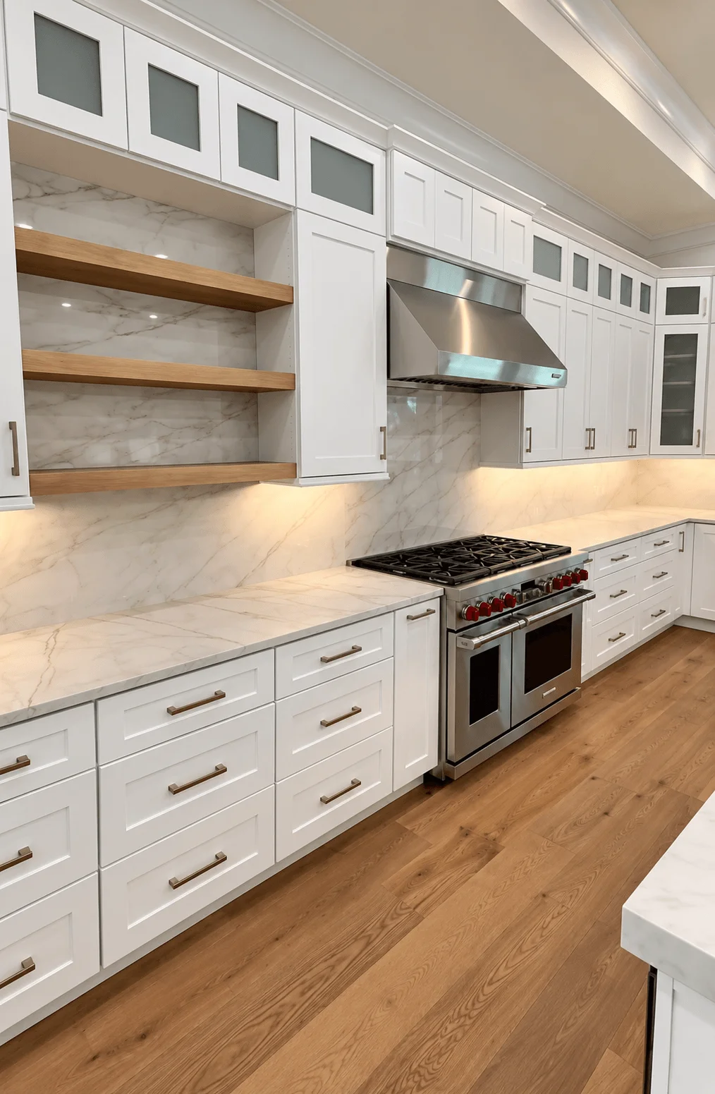 White shaker kitchen cabinets with open wood shelves
